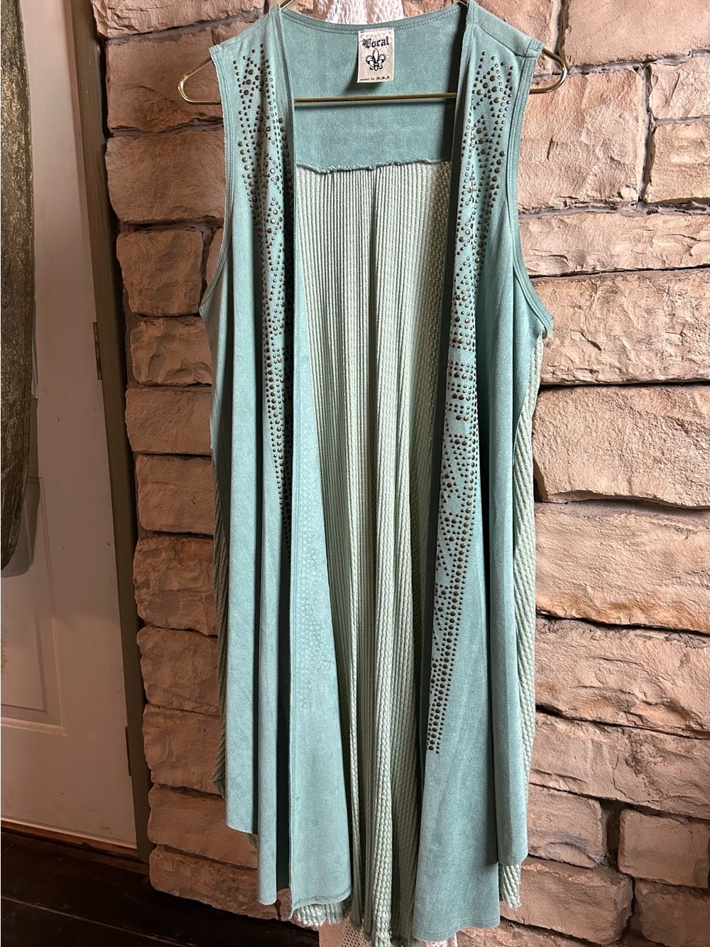 Vocal - Mint Green Sleeveless Long Vest with Stud Accents